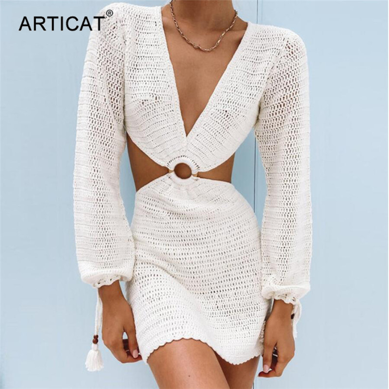 

2021 summer knitted long sleeve beach dress women backless hollow out v neck party mini casual dresses white igh quality, Black;gray
