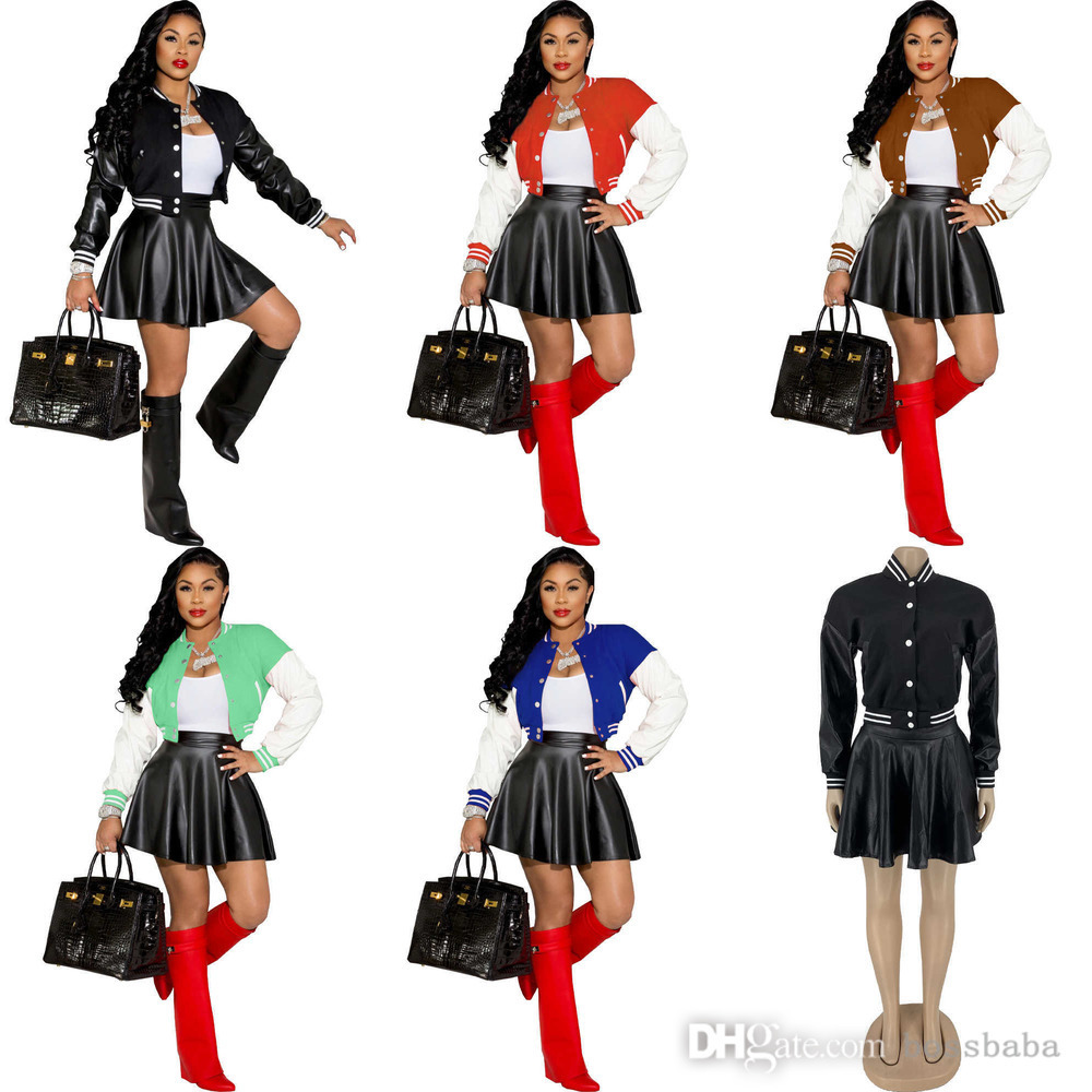 

Women Fashion Patchwork Varsity Jacket Winter Leather Pleated Skirt Sexy 2 Piece Set Women, Brown