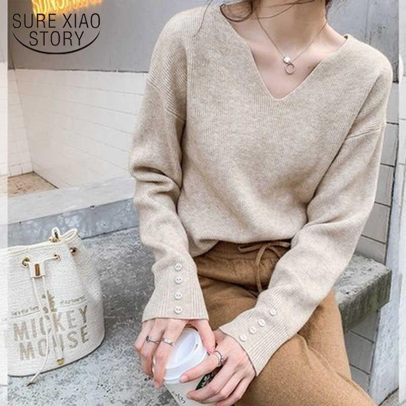 

Spring Autumn Winter V-neck Female Pullover Sweaters Full Sleeve Loose Women Knitted Jumpers Casual Elegant Knitwear 11319 210527, Dark brown