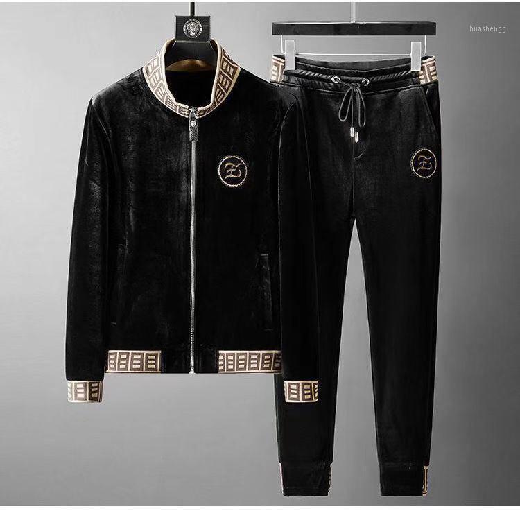 

Men's Tracksuits Autumn And Winter Net Red Social Guy With The Same Suit Trend Handsome Gold Velvet Embroidery Fashion Casual Two-piece Set, Black