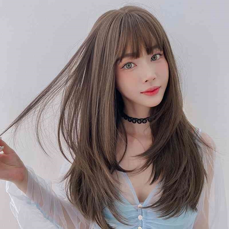 

straight Wig women's long inner button air bangs top hair set temperament face repair full head cover, Honey tea flax 65cm