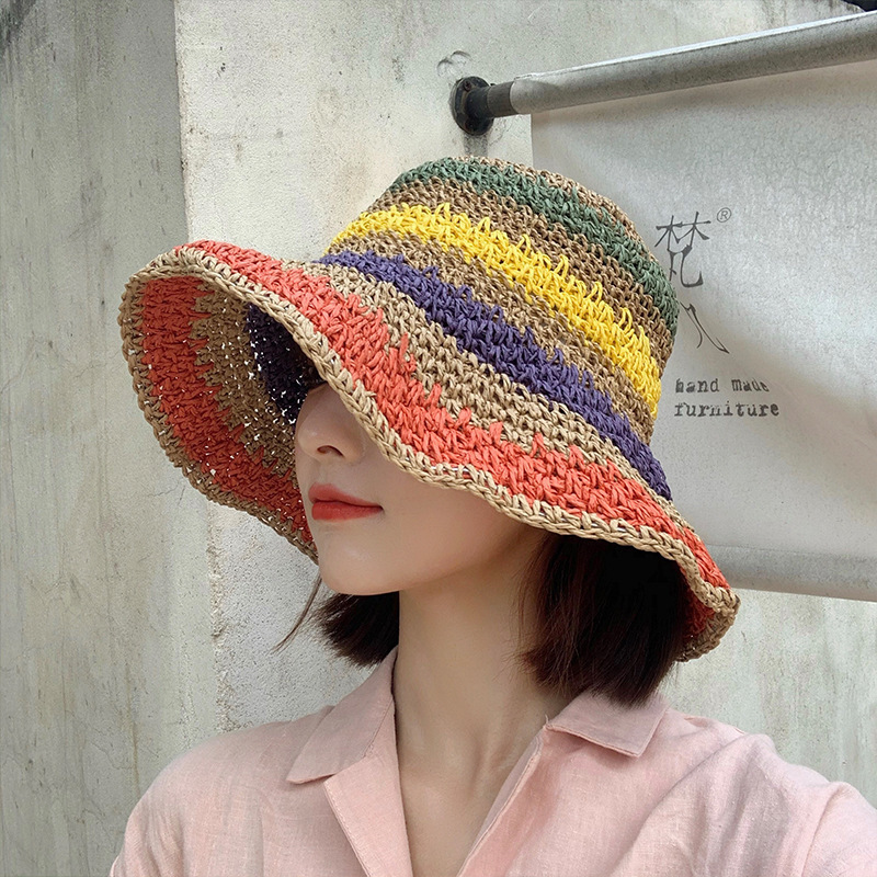 

Hat Korean version chaocao hat small fresh summer sun shading and sunscreen versatile face covering net red woven fisherman's hat, Beige