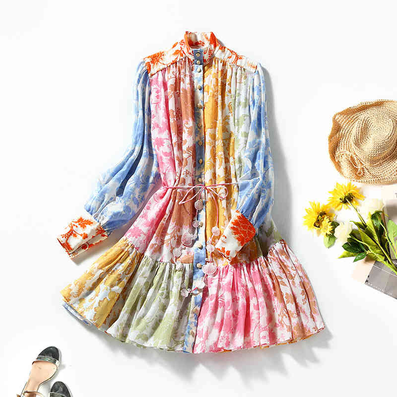

Casual Dresses early spring Shenzhen Nanyou high end women' Printed Dress single breasted cardigan stand collar lace up middle skirt C97M, Color