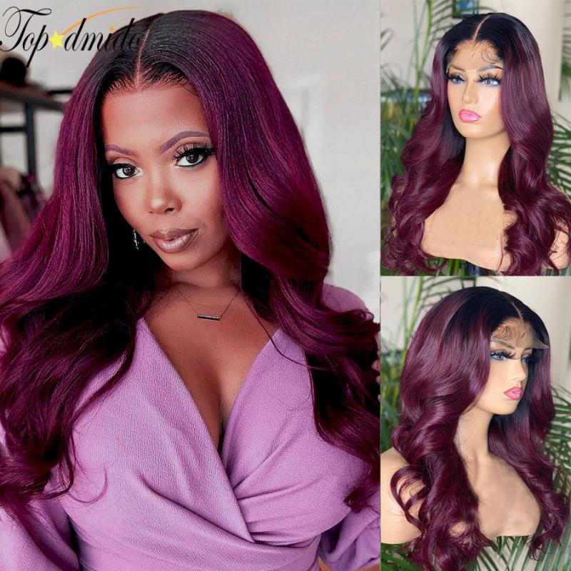 

Lace Wigs Topodmido #99J Ombre Color 13x4 Front With Natural Hairline Transparent Closure Wig Remy Human Hair, Black;brown
