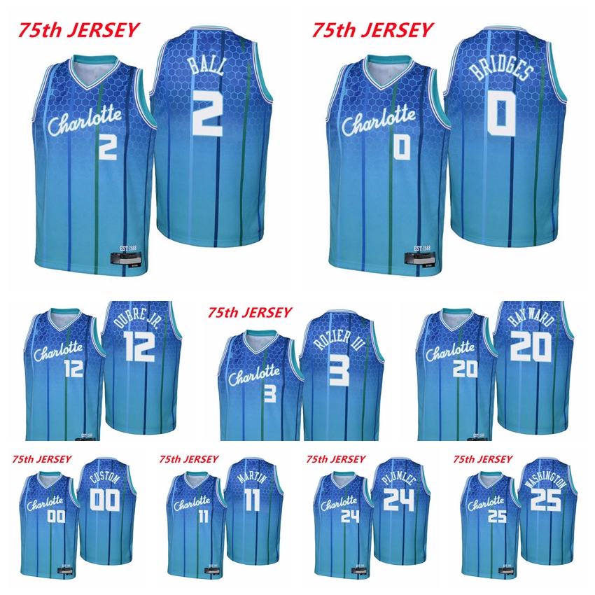 

CharlotteHornetsMen LaMelo Ball Gordon Hayward Kelly Oubre Jr. Miles Bridges Terry Rozier III Kai Jones 2021/22 75th Anniversary Blue City Basketball Jersey