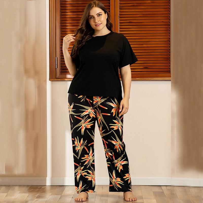 

Plus Size Tracksuits Homewear Suits Women Summer Casual T Shirts Drawstring Sweatpants Lounge Wear Fashion 2 Piece Sets Elastic Sleepwear, Black