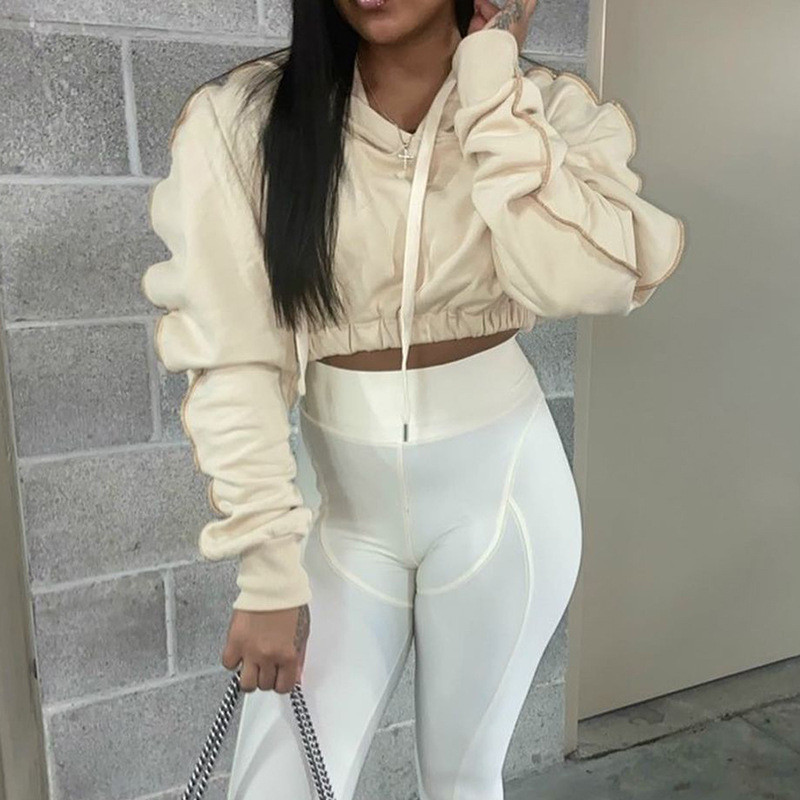 

casual warm long sleeve crop hoodies women solid fleece fall winter 2020 sweatshirts streetwear sportswear workout top, Black