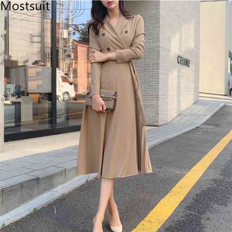 

Autumn Vintage Korean Long Pleated Dress Women Sleeve Notched Collar A-line Dresses Fashion Workwear Elegant Vestidos 210518, Black