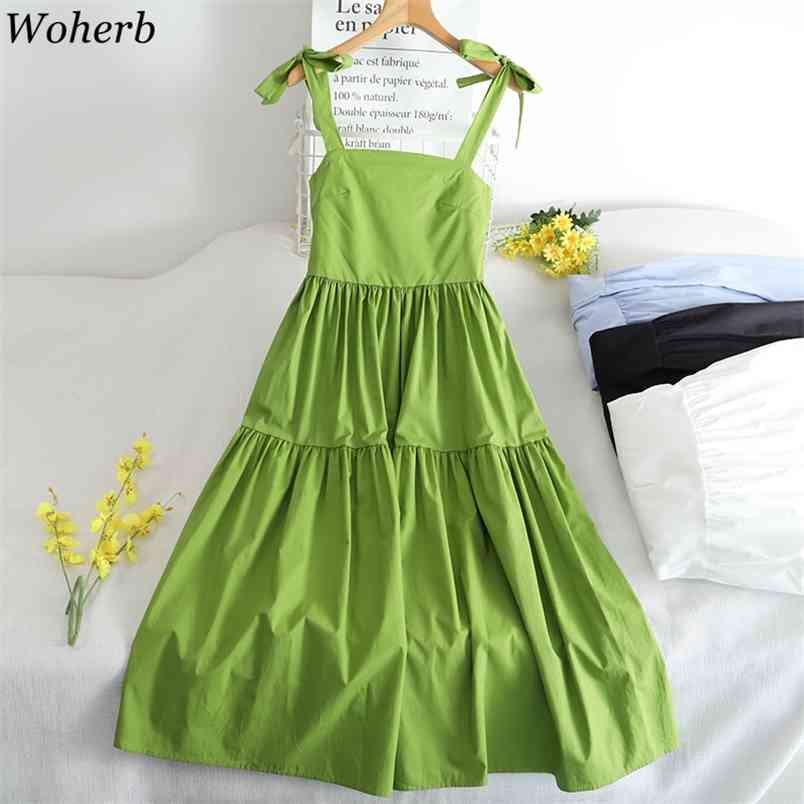 

Summer Beach Dress Women Sweet Bow Lace-up Backless Suspender Vestidos High Waist Temperament Pleated Dresses 4j295 210519, Light blue