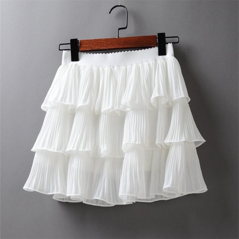 

Summer Women Elasticity Waist Mini Skirt Ladies Chiffon Casual Cake s Black White Femme Pleated s 210708, Single layer black
