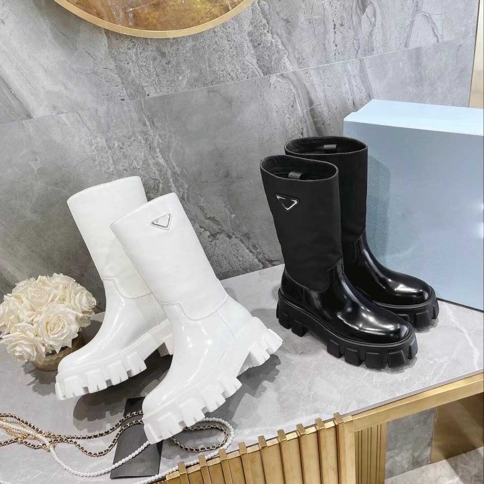 

Designer Women Re-Nylon Boot Rois Leather Monolith Ankle 5.5cm Thick Removable Leathers Insole Boots Shoes Winter Military Inspired Combat Bootties With Box