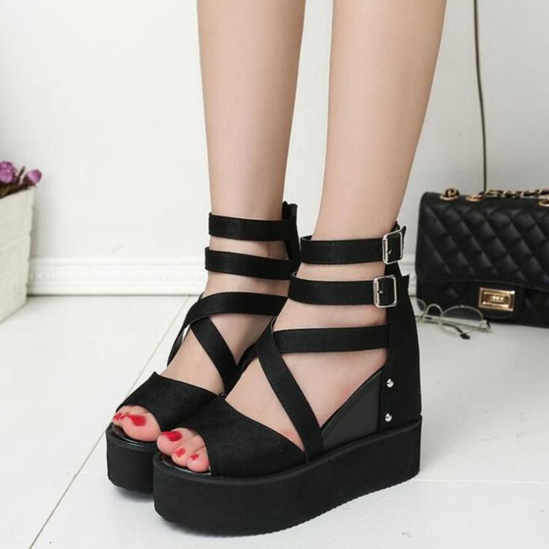 

Sandals 2021 Summer Thick Bottom Muffin Wedge Fish Mouth Shoes Waterproof Platform High Heel Roman, Black suede