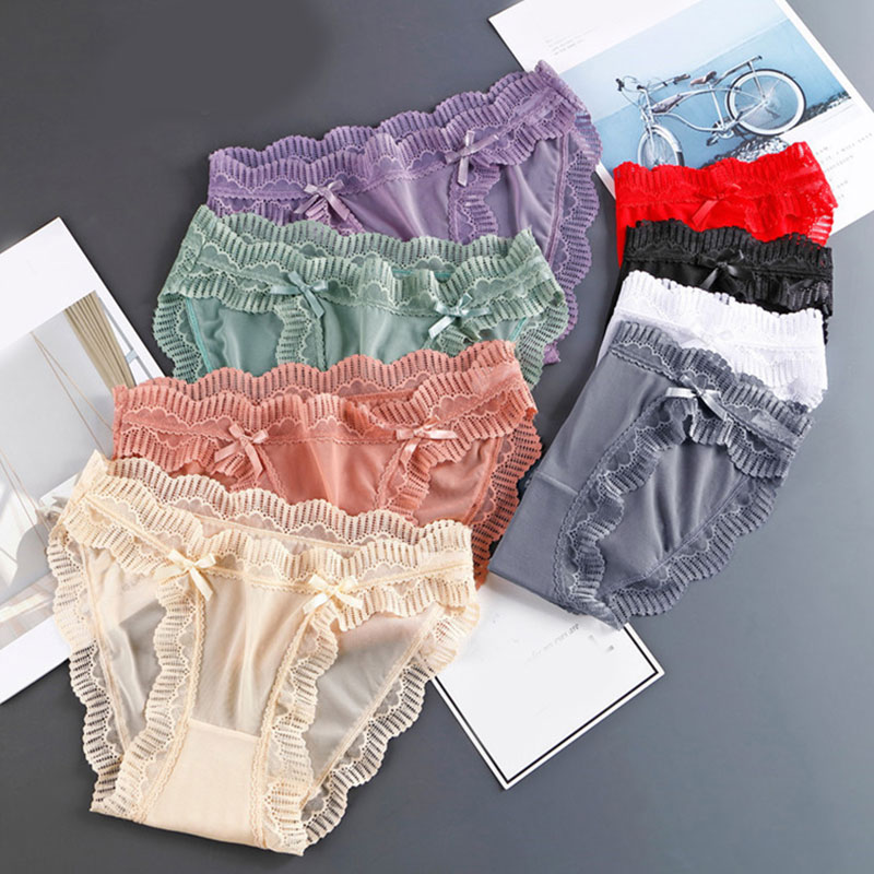 

Transparent Mesh Women Panties Seamless Low Waist Briefs Solid Color Ruffle Panties Breathable Thin Women Underwear Pantie Women, Black;pink