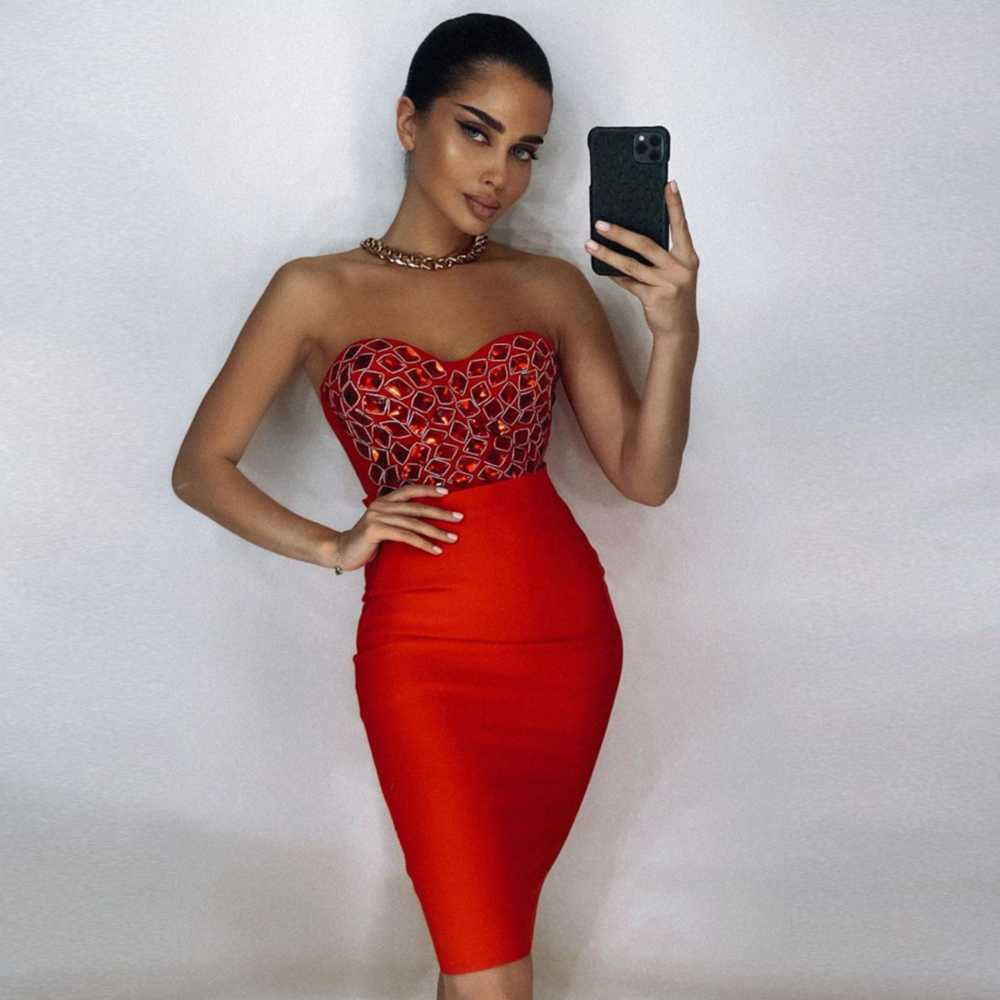

Ocstrade elegant Diamonds Bandage Dress Women Summer Sexy Strapless Red Bodycon Club Night Party 210527, Black
