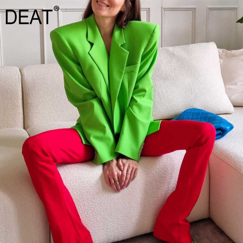 

[DEAT] Spring Fashion Loose Turn-down Collar Single Button Solid Color Long Sleeve Temperament Green Blazer 13Q396 210527