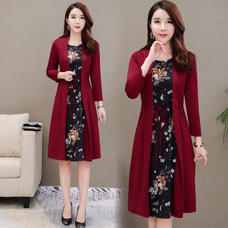 

Women casual knee-length dress plus size Long sleeve flower print spring autumn dress office lady Women loose elegant dress 0235, Black