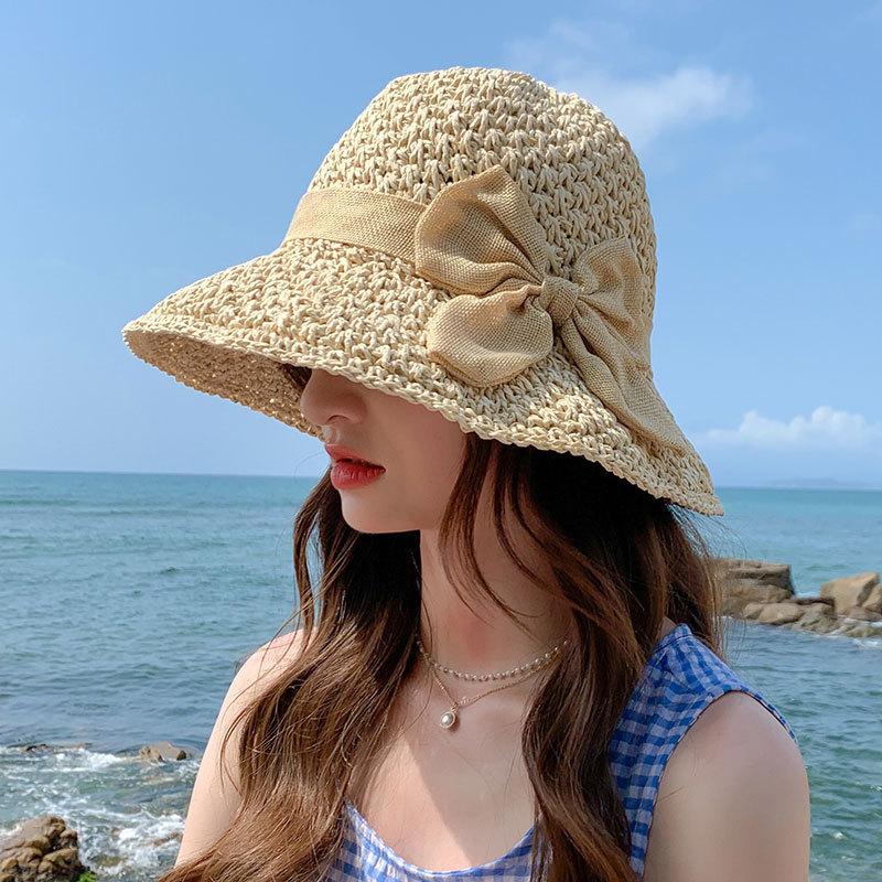 

Wide Brim Hats Wardrobe Girl 2021 Womans Korean Fashion Woven Straw Hat, Bowknot Sunshade, Sunscreen, Breathable, Foldable Pure Bucket, Khaki