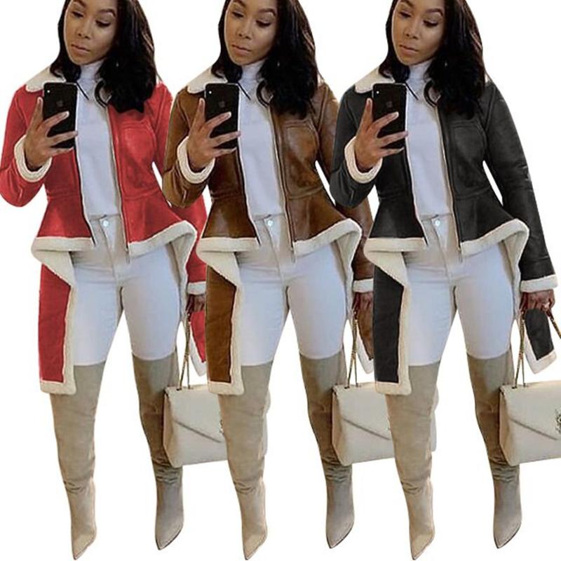 

Women's Leather & Faux Women Winter Sexy Casual Coats Female Fashion Turn-down Collar Full Sleeve Woolen Irregular Coat Shearling GL5127, Black