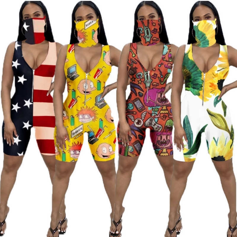 Women Jumpsuits Sports Workout Summer Clothing Cartoon Printed Rompers Club Sexy Zip Sleeveless Vest Shorts Tight Fashion Overalls Pants With Mas-image-559961481