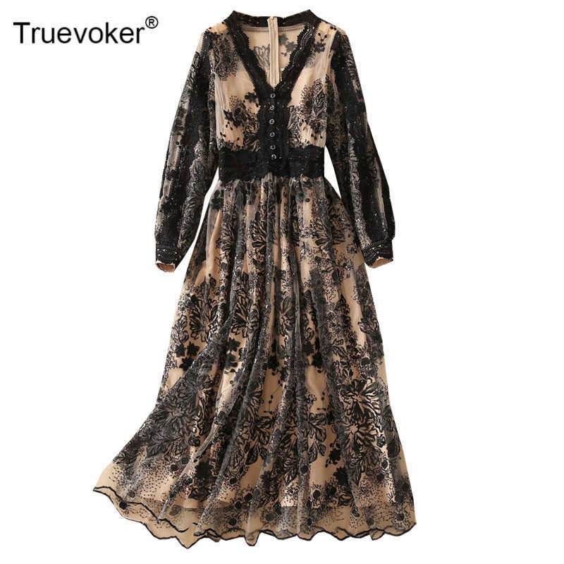 

Truevoker Woman High Street Runway Vintage Black Embroidery Lace Prom Dress Lady Full Sleeve Embroidered Sequins Midi Robe 210602
