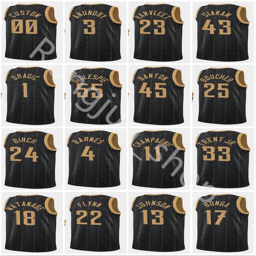 

2021-22 City 75th Anniversary Black Basketball Jersey Scottie Barnes 4 Fred VanVleet 23 Pascal Siakam 43 Goran Dragic 1 OG Anunoby 3 Gary Trent Jr. 33 Achiuwa 5 Edition