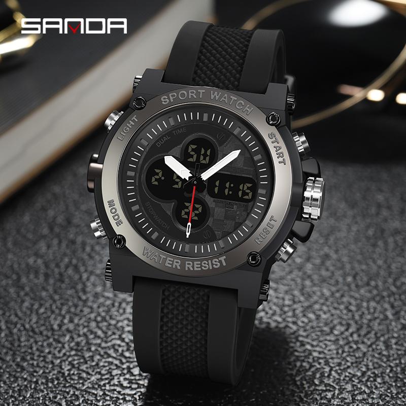 

Wristwatches SANDA Men Watch Dual Display Sports 50M Waterproof Digital Watches Wristwatch Quartz For Relogio Masculino 3107, Black