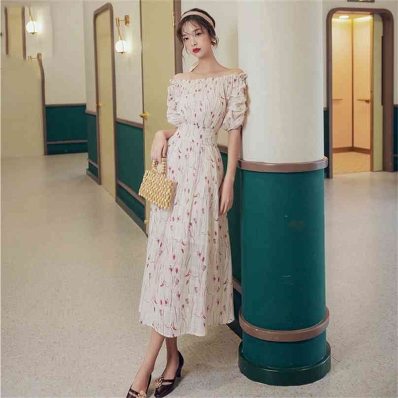 

Summer Slash Neck Off The Shoulder Dress Elegant Chiffon Print Party Vintage Tunic Mid-Calf Short Sleeve 210603, Blue