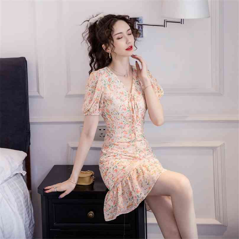 

summer style V collar printing freeshnrss sweet girlish fashion temperament elegant office party for women dresses 210602, Mixed color