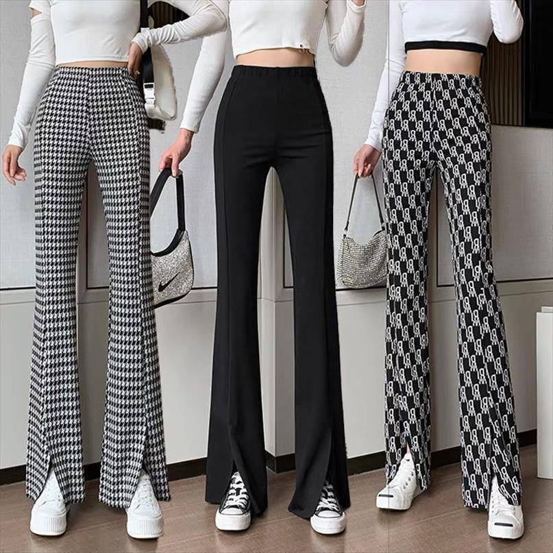 

high waist slit flared womens capris slimming plaid casual wide leg mop trousers fashion, Black;white