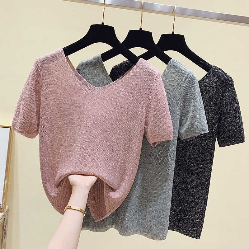 

shiny lures Summer Knitted Pullover V neck Women Clothes Short Sleeve Tops solid Sweater Casual wholesale good quality 210604, Pink