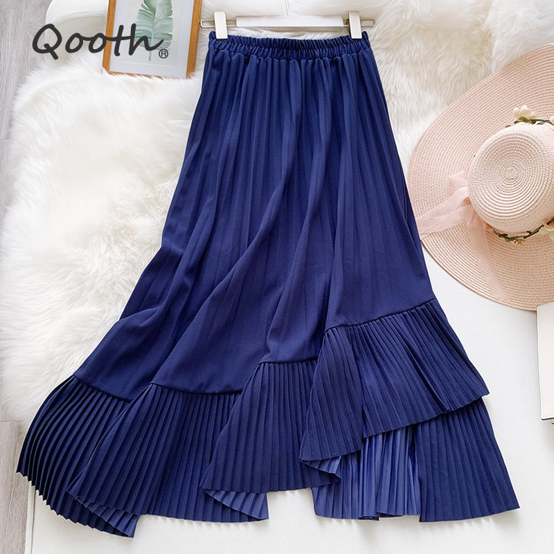 

Qooth Elegant Pleated Skirts For Women Summer High Waist Asymmetrical Long Skirt Fashion Saia Irregular Faldas QH2230 210518, Black