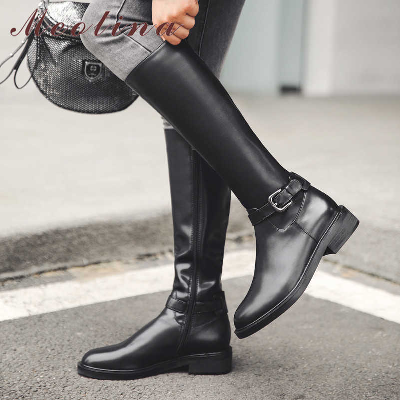 

Meotina Autumn Riding Boots Women Natural Genuine Leather Zip Square Heel Knee High Boots Buckle Round Toe Shoes Lady Winter 43 210608, Black synthetic lini