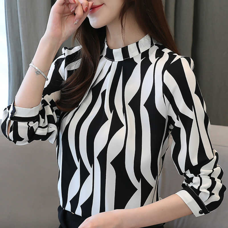 

Fashion Woman Blouses Black White Striped Chiffon Blouse Women Tops Long Sleeve Women Shirts Womens Tops And Blouses B960 210602