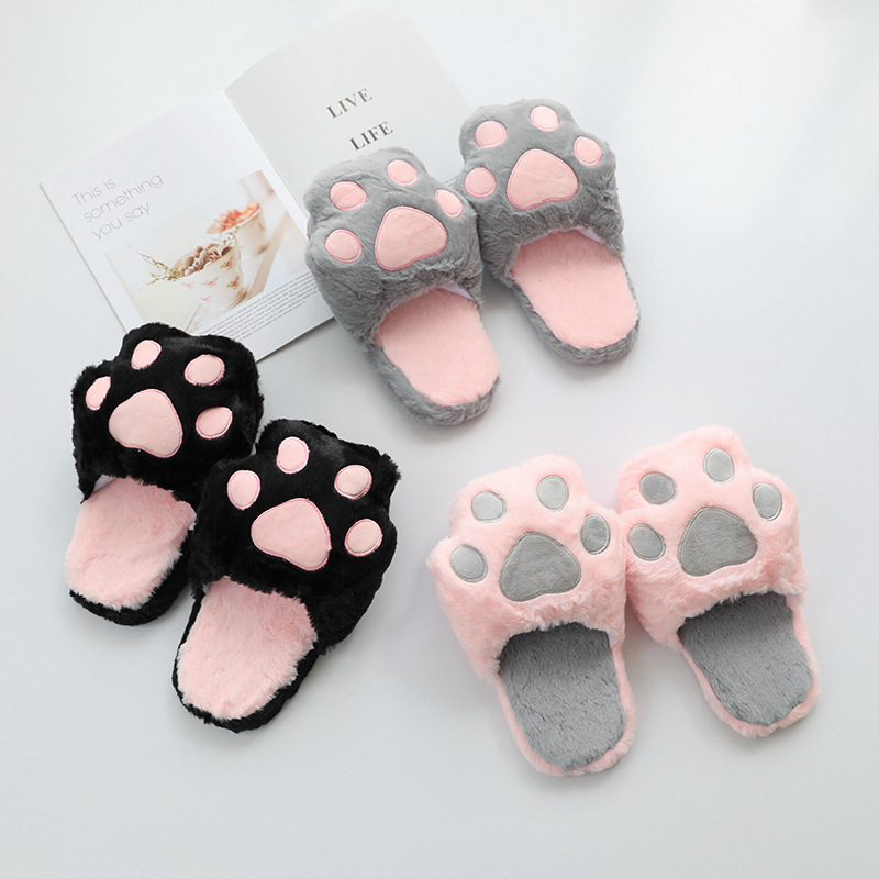 

luxury slippers cotton female imitation rabbit hair cat claw indoor plush anti-skid sho lovely home plush slippers, Black