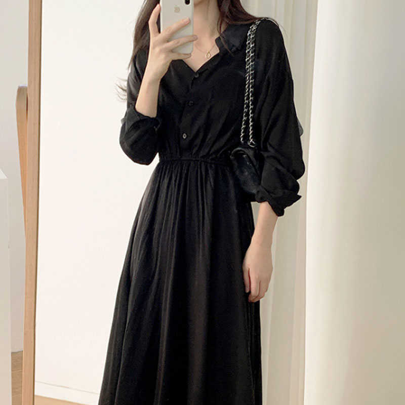 

Fashion Dresses Spring A-Line Solid Color Dresses Women Office Lady Dress Elegant Korean Minimalist Mid-length Dress 14042 210527, Black