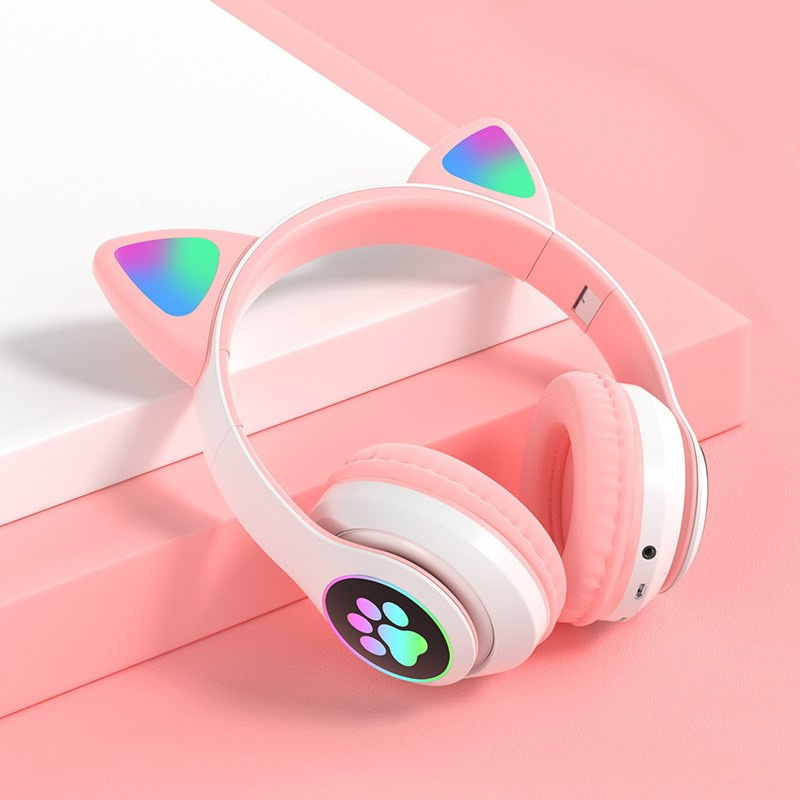 

LED Flash Cute Cat Ears Wireless Headphone with Microphone Stereo Bluetooth Headset Support TF Card for Kids Girl Music Gift, Pink