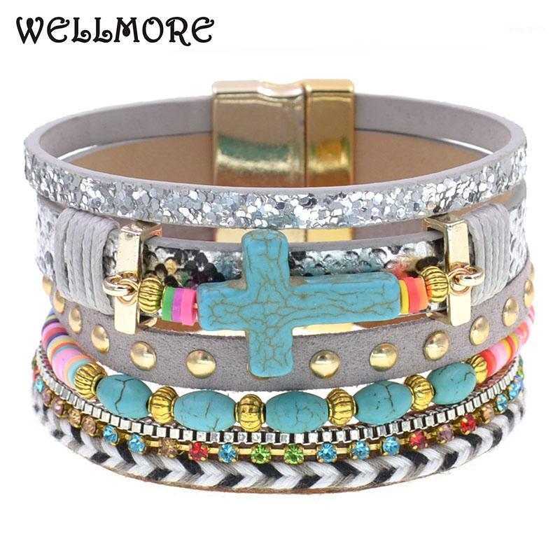 

Charm Bracelets WELLMORE Bohemia Leather For Women Stone Beaded Corss Multilayer Female Fashion Jewelry1