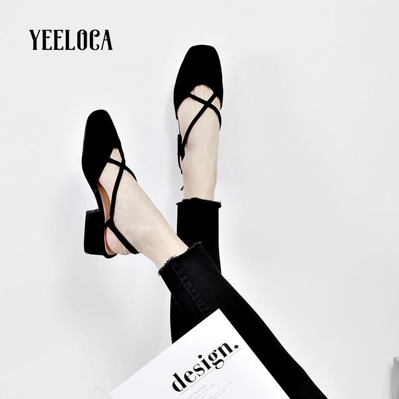 

Summer Shoes 2021 Spring Autumn Sandals Women Hoof Heels Med Cross-tied Buckle Strap Black Ladies