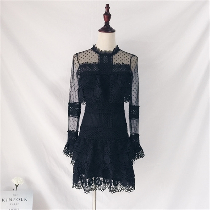 

High Quality Luxury Runway Style Women Sexy Long Sleeve Lace A line Slim Dress Holiday Female Party Dresses 210519, Black