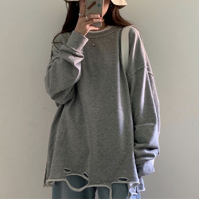 

Cotton hole irregular super fire thin sweater ins2021 fall new loose student clothes women, 060 x pink