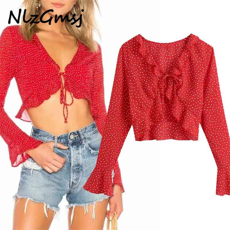 

Blouse Women Spring Summer V-neck Printing Ruffles Long Sleeve Loose Temperament Elegant Shirt 210628, As picture