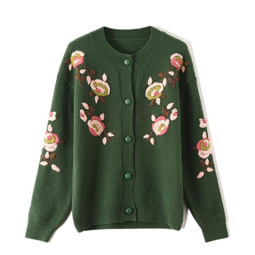 

Women Sweater Long Sleeve Knit Tops Floral Embroidery Korean Style Autumn Winter Single-breasted Casual Female Cardigan Jacket Coat w1371, Black