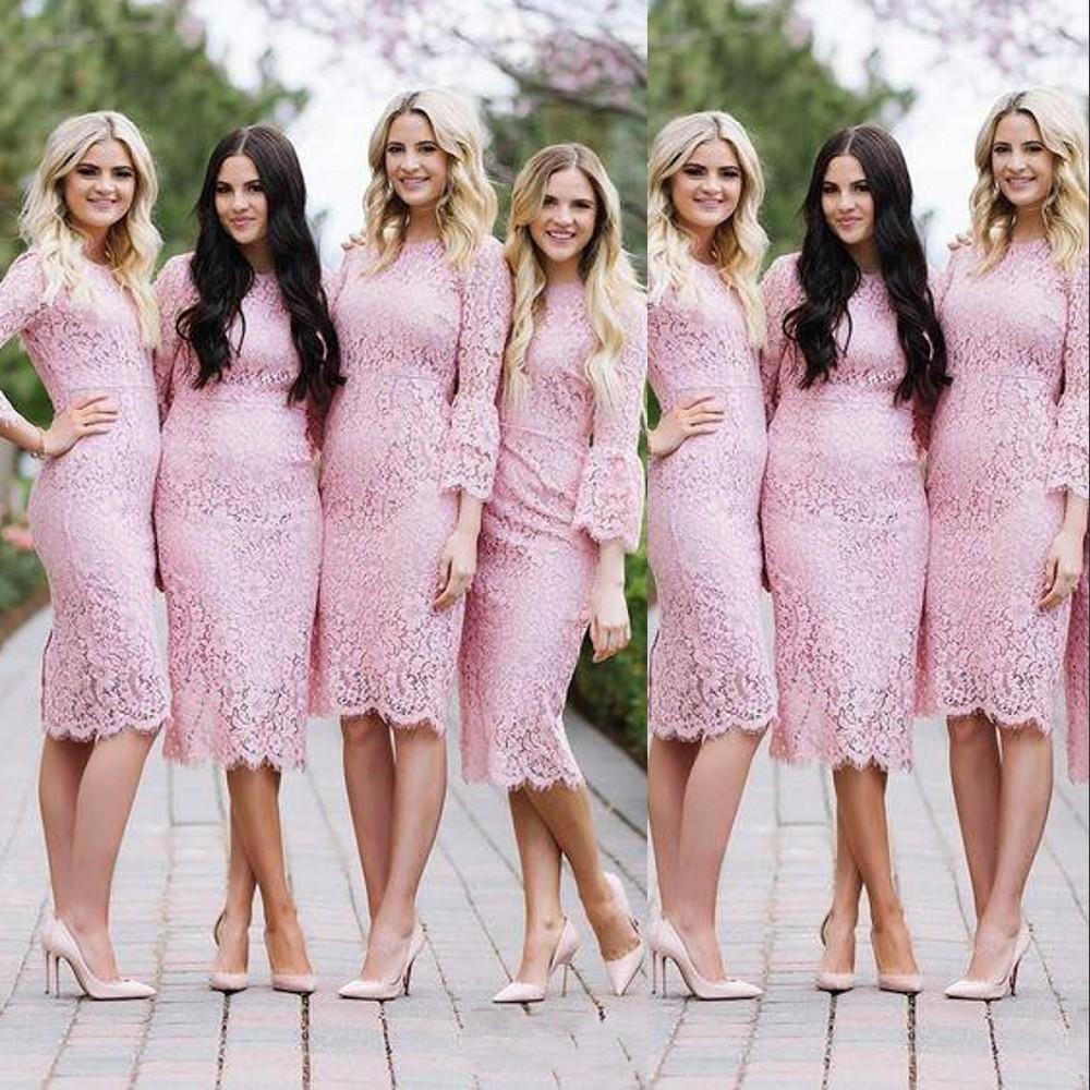 

2021 Pink Lace Bridesmaid Dresses with 3/4 Long Sleeves Sheath Jewel Neck Knee Length Custom Made Plus Size Maid of Honor Gown Country Wedding Party Wear vestidos