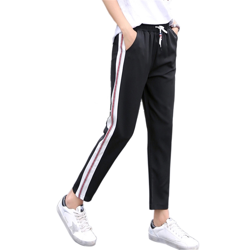 

Arrival Side Striped Harem Pants Women Elastic High Waist Sweatpants joggers women Black Casual Pants Trousers Women 210518