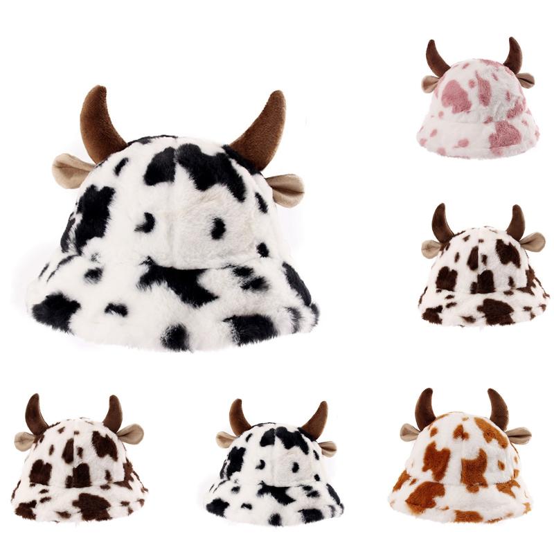 

Berets Adult Cute Cow Hat Plush Ladies Pot Three-dimensional Called Spotted Bucket Thickened Warm Winter Hats, Black