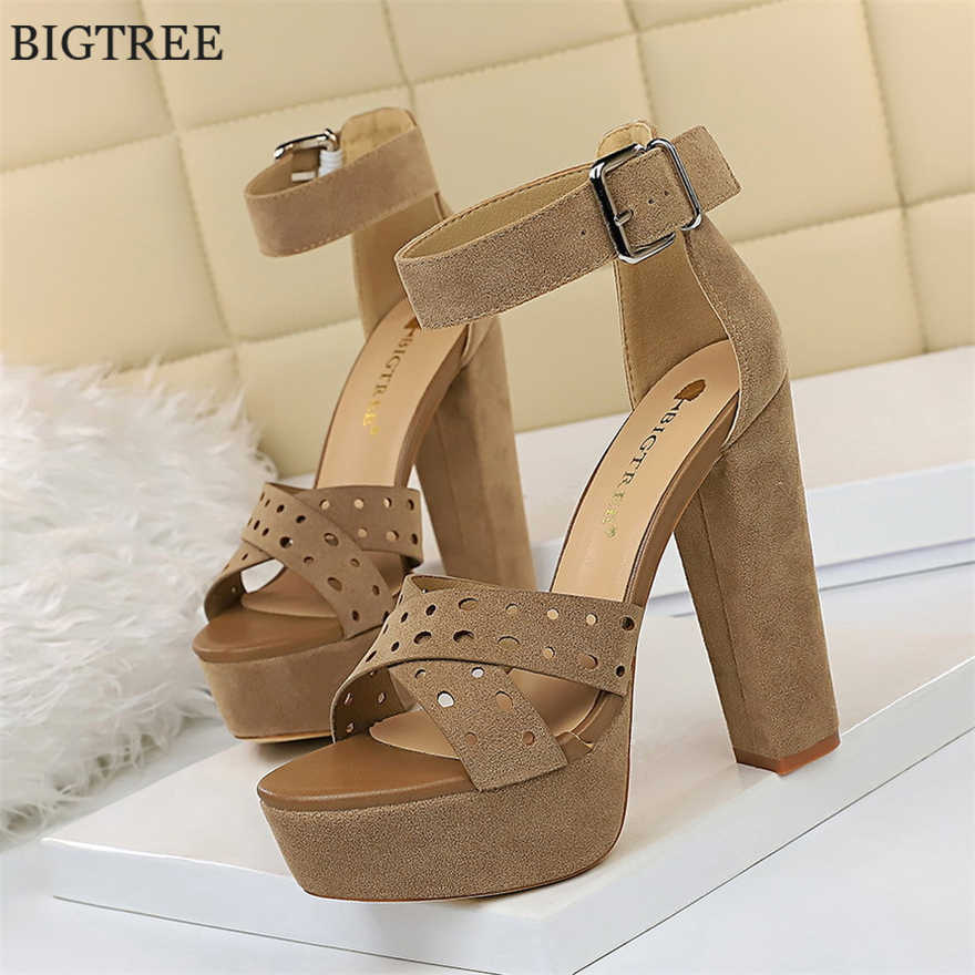 

BIGTREE Shoes Women Pumps High Heels Shoes Woman Flock Sexy Block Heels Fashion Women Sandals Platform Buckle Party Ladies Shoes Y0721, Black