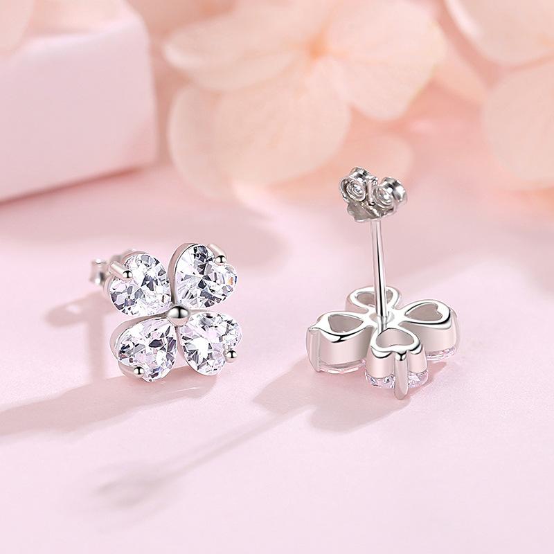 Stud S925 Sterling Silver Earrings For Women Heart-Shaped Four-leaf Clover Earring Fine Jewelry Wedding Gift Crystal