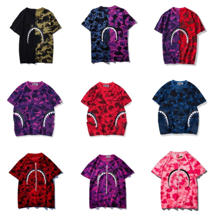 

summer European and American fashion street cotton t-shirt mens womens shark camouflage color matching casual loose short sleeve blouse, White;black