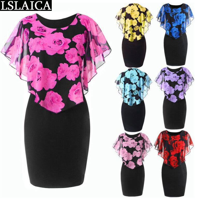 

women dress rose print elegant casual slim bodycon office party streetwear plus size S- short 210520, Blue