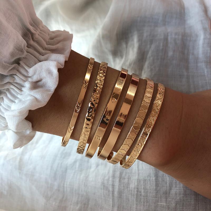 

Bangle Women Fashion Chunky Gold Plated Cuff Adjustable Sets 2pcs/6pcs Packed Retro Geometric Carved Bracelets